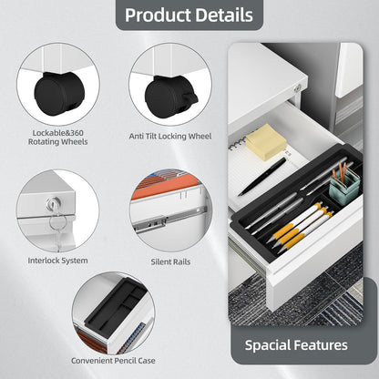 US Local 3 Drawer Mobile File Cabinet With Lock, Under Desk Metal Filing Cabinet For Office,Home,A4 Legal Letter Size, Fully Assembled White