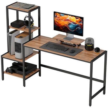 US Local Computer Desk, 67 CPU Desk With Monitor Stand, Reversible 4-Tier Shelf, Industrial Writing Desk For Study Room, Brown
