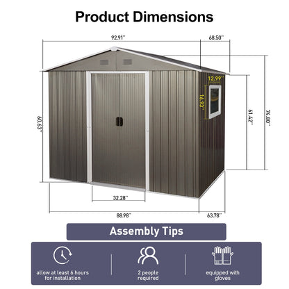US Local 6x8ft Outdoor Metal Storage Shed With Window Grey