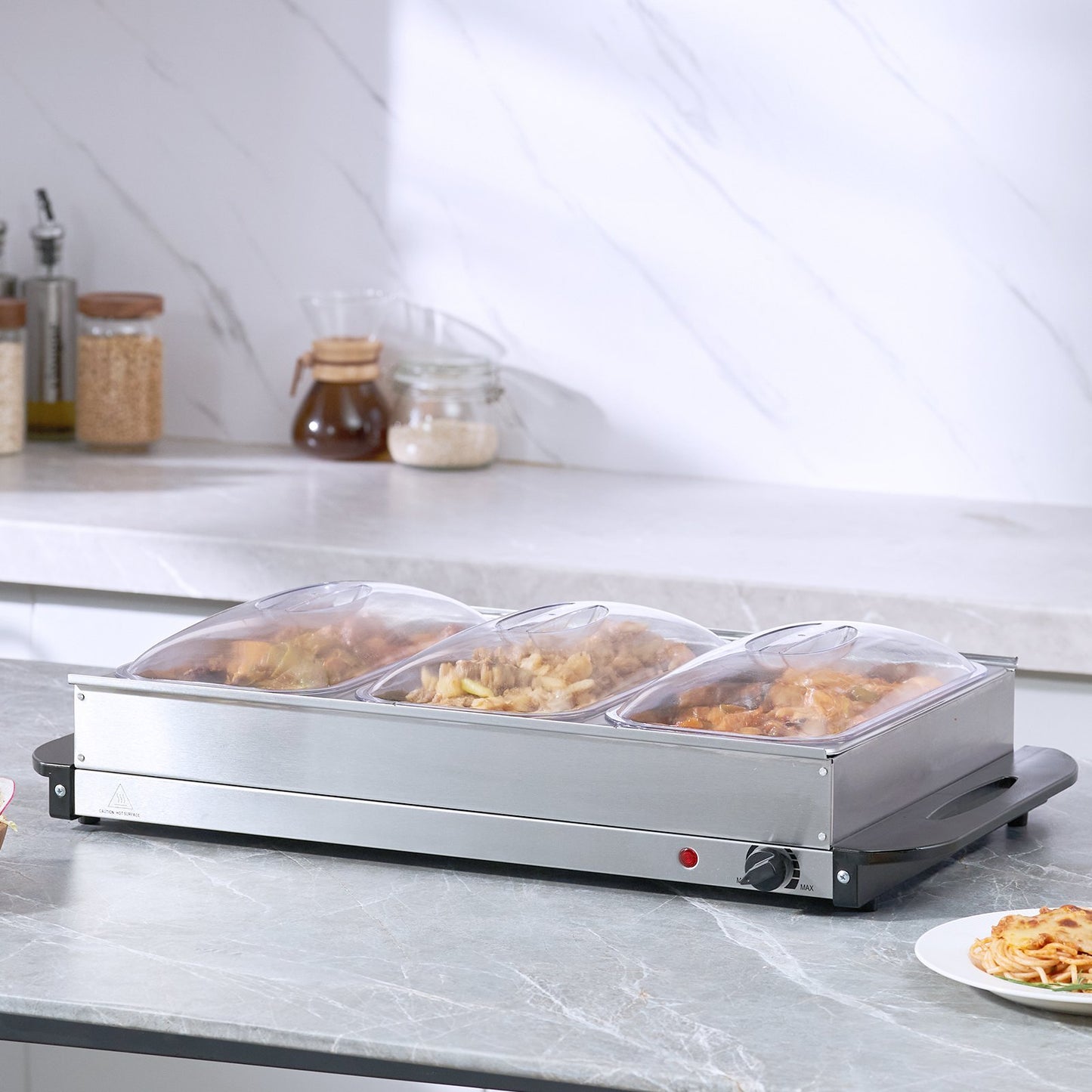 Electric Buffet Server Food Warmer, 25.6 X 15 Portable Stainless Steel Chafing Dish Set With Temp Control & Oven-Safe Pan, Perfect For Catering, Parties, Events, Entertaining, Silver, ETL