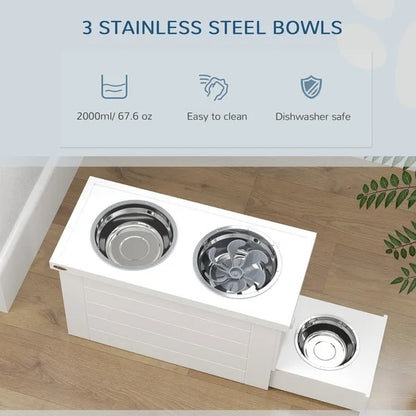 US Local Elevated Dog Bowls With Slow Feeder Mat, Storage Cabinet, 3 Stainless Steel Bowls For Large & Extra Large Dogs, White
