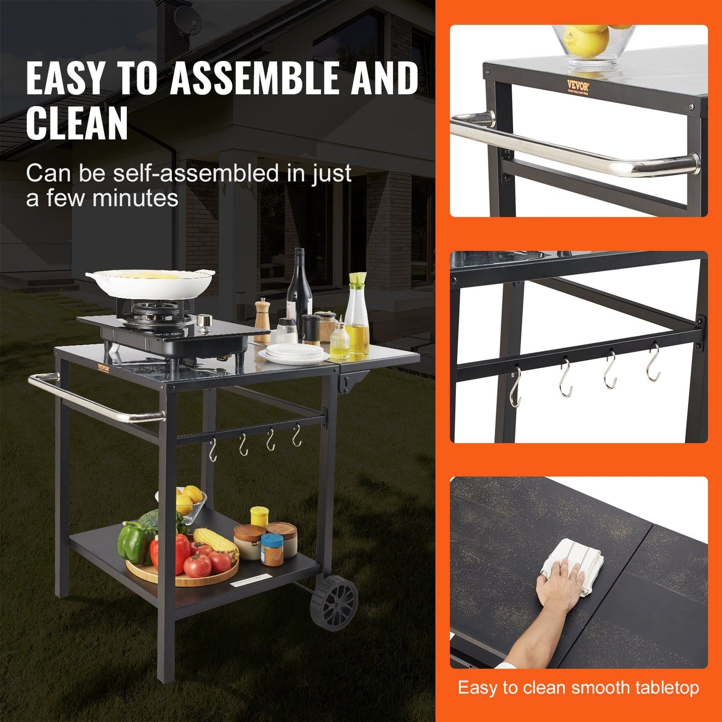 US Local Outdoor Grill Dining Cart With Double-Shelf, BBQ Movable Food Prep Table, Multifunctional Foldable Iron Table Top, Portable Modular Carts For Pizza Oven, Worktable With 2 Wheels, Carry Handle