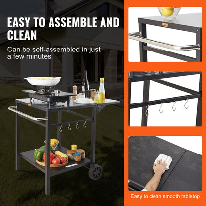 US Local Outdoor Grill Dining Cart With Double-Shelf, BBQ Movable Food Prep Table, Multifunctional Foldable Iron Table Top, Portable Modular Carts For Pizza Oven, Worktable With 2 Wheels, Carry Handle