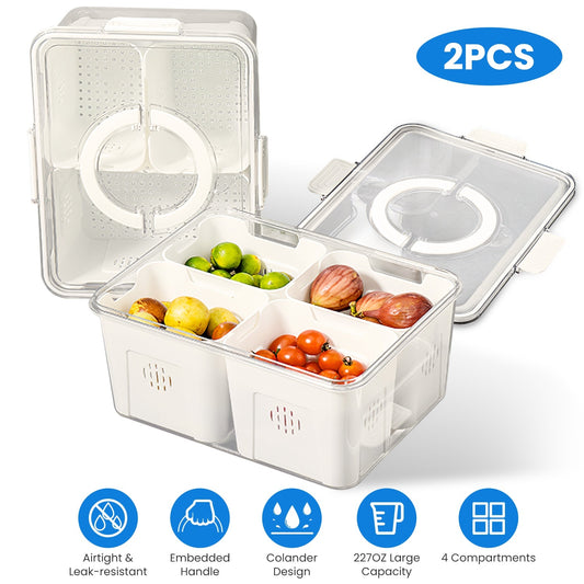 US Local 2Pack Airtight Fruit Storage Containers 4 Compartment Food Storage Containers Fruit Vegetable Organizers With 8 Removable Colanders For Fridge Picnic