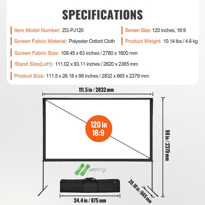 US Local VEVOR Projector Screen With Stand, 120 Inch 4K 1080 HD Outdoor Movie Screen With Stand, Wrinkle-Free Projection Screen With Bar Feet And Carry Bag, For Home Theater Cinema Backyard Movie Night