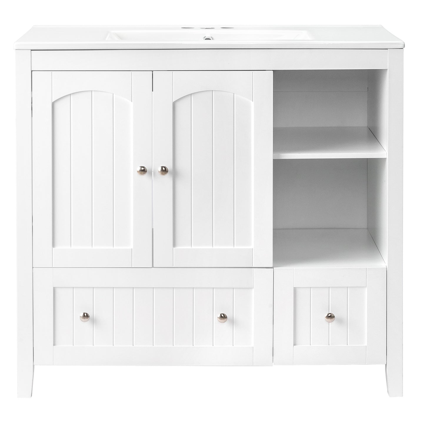 US Local White MDF Painted Double Door Double Drawer With Masking Strip Basin Cabinet 91x46x82cm