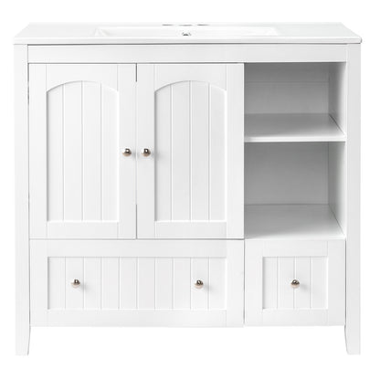 US Local White MDF Painted Double Door Double Drawer With Masking Strip Basin Cabinet 91x46x82cm