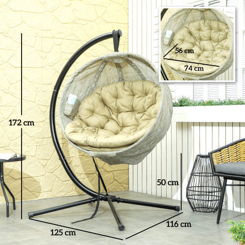 UK Local Outsunny Hanging Egg Chair Outdoor Indoor Garden Swing Chair With Folding Basket, Garden Hanging Chair With Stand, Thickened Cushion, Cup Holder For Patio, Balcony