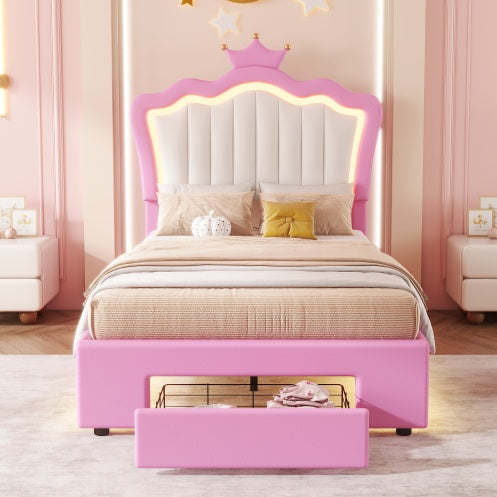 US Local Twin Size Upholstered Bed Frame With LED Lights, Modern Upholstered Princess Bed With Crown Headboard, A Drawer