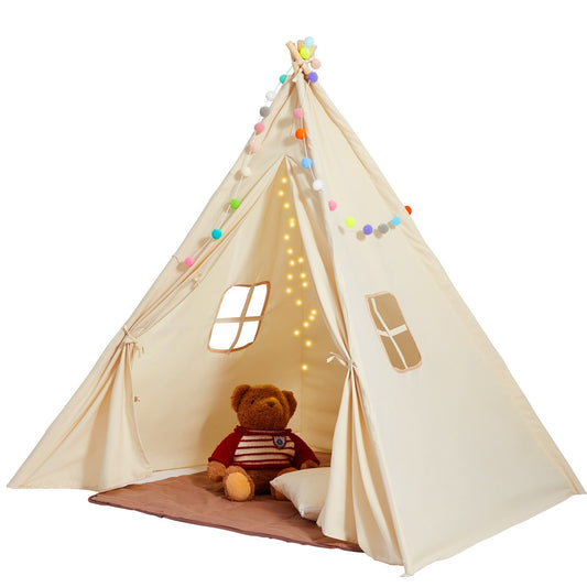 US Local Kids Play Tent, Teepee Tent For Kids 1-5 Years Old, Tent For Kids With Windows For Indoor And Outdoor, Toddler Tent With Mat And Plush Decorative Balls, For Boys And Girls, Beige