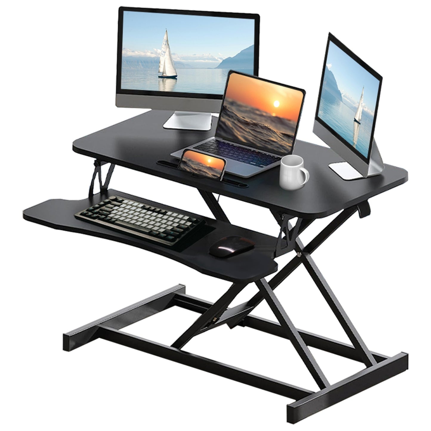 US Local 32 Inch Desk Converter, Height Adjustable Sit To Stand Riser, Dual Monitor And Laptop Workstation Wi