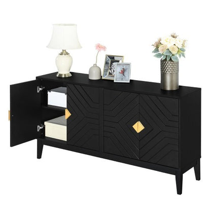 US Local 4-door Sideboard Storage Cabinet For Living And Dining Room, Two Large Cabinets With Gold Handle And Adjustable Shelves, Black