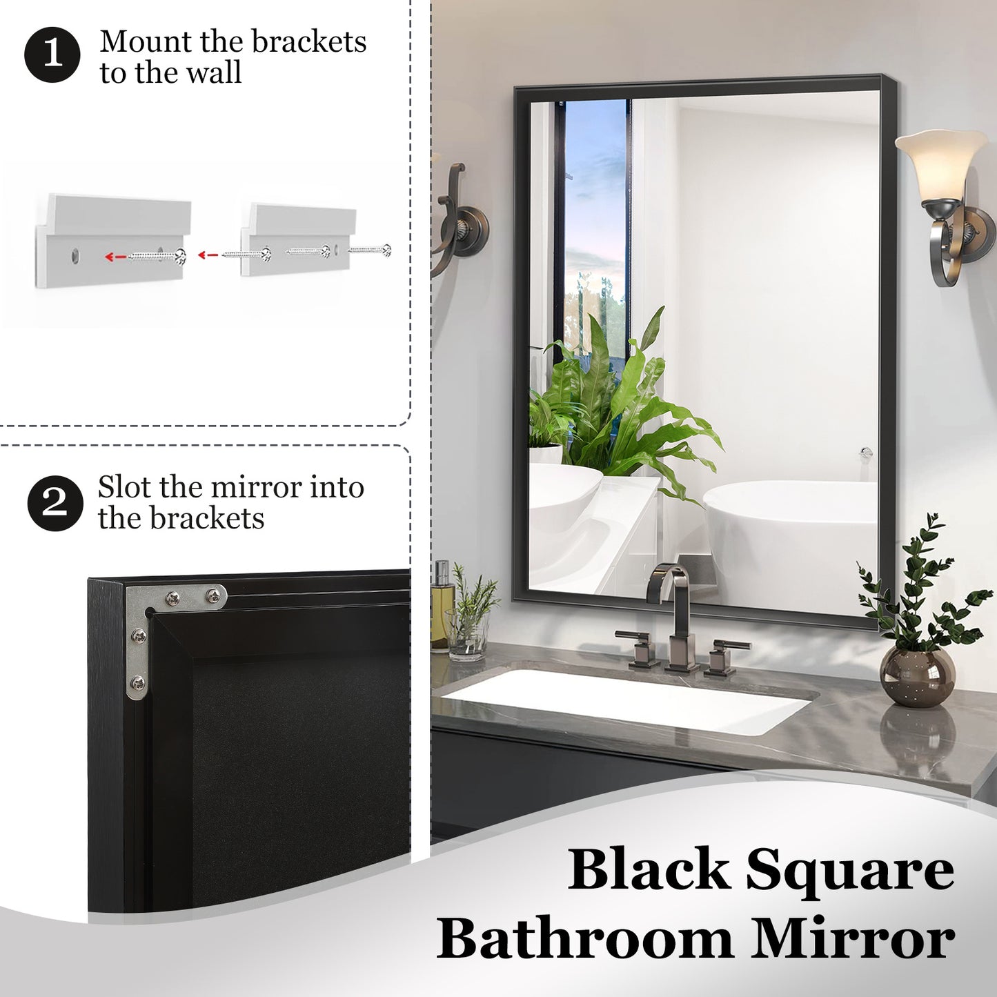 US Local 40x30 Inch Glossy Black Bathroom Mirror Wall Rectangular Vanity Mirror
