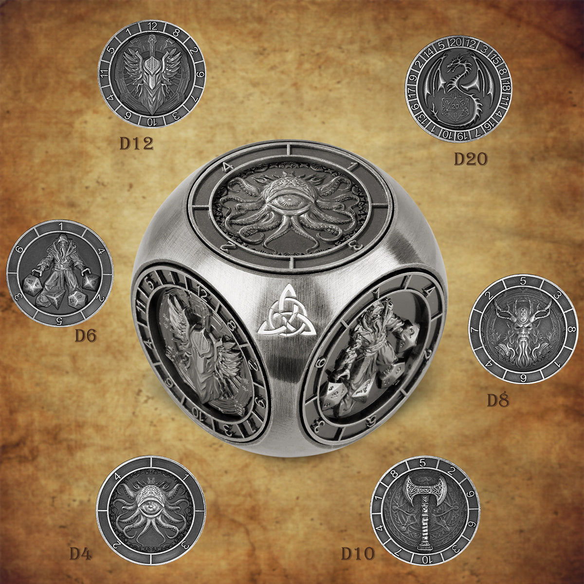 US Local 6-pack DND Dice Wheel Gift Box Set, Retro Wheel Metal Polyhedral Board Game Prop, Desktop Role Playing Decoration Collectibles Game Dice Accessories