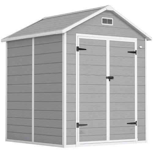 UK Local Outsunny 6 X 5ft Garden Shed, Plastic Shed With Floor, Window, Lockable Doors And Vents, Wood Effect Resin Tool Shed For Outdoor Patio, Dark Grey