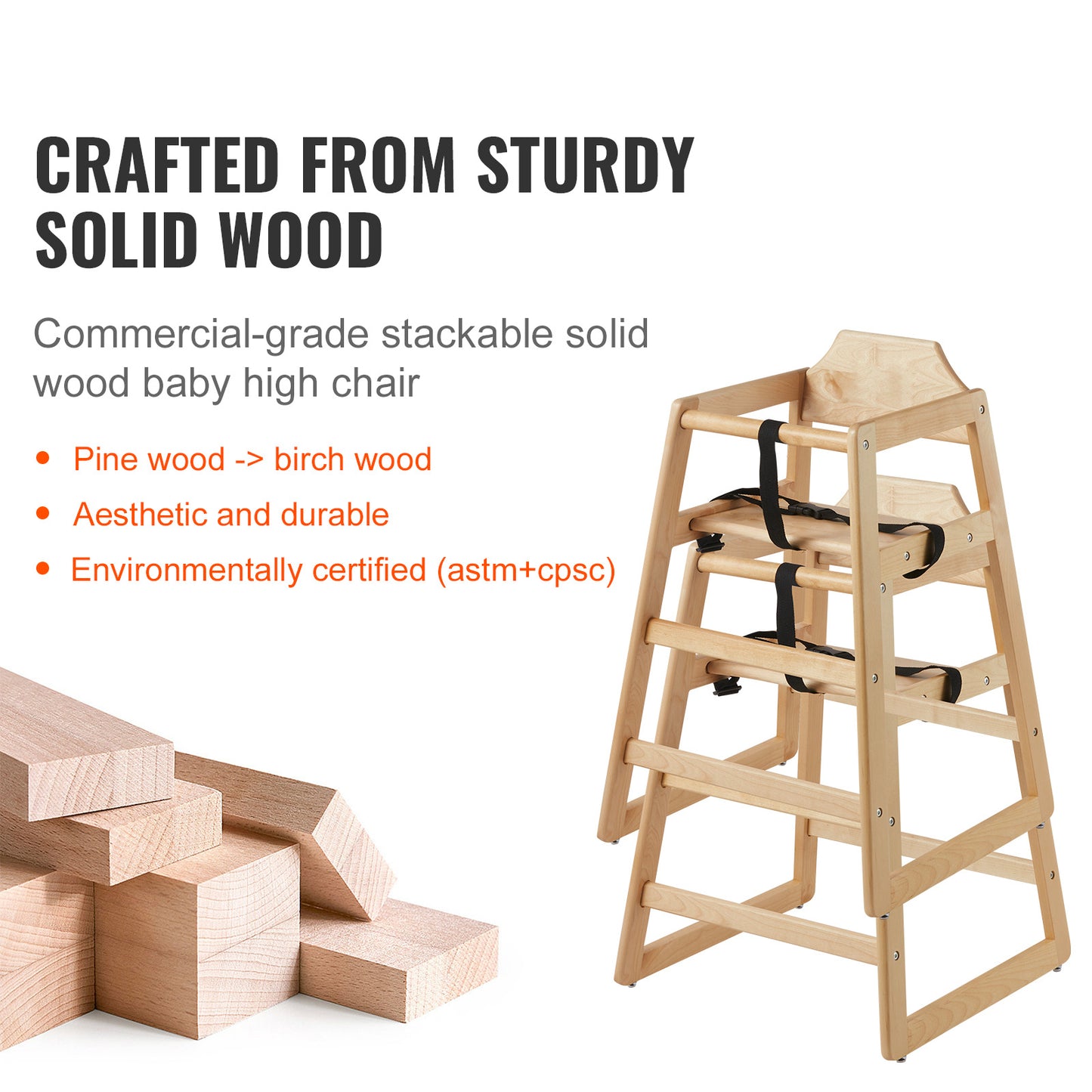 US Local VEVOR Wooden High Chair For Babies Toddlers, Double Solid Wood Feeding Chair, Eat & Grow Portable High Chair, Easy To Clean Baby Booster Seat, Compact Toddler Chair, Natural