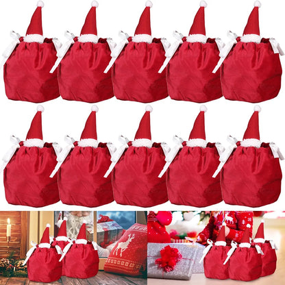 US Local 5Pcs Christmas Drawstring Bags Christmas Hat Design Flannel Gift Wrapping Bag Small Goodie Candy Snack Bag Party Favor Treat Pouch Bags For Holiday Birthday Xmas New Year Wedding Party Supplies