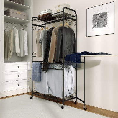 US Local Multi Functional Laundry Hamper Organizer With Hanging Rail And Storage Shelf Rolling Laundry Cart With Wheels, Heavy Duty Metal Frame For Bathroom, Laundry Room, Or Bedroom Organization