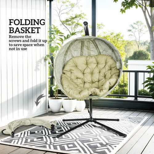 UK Local Outsunny Hanging Egg Chair Outdoor Indoor Garden Swing Chair With Folding Basket, Garden Hanging Chair With Stand, Thickened Cushion, Cup Holder For Patio, Balcony