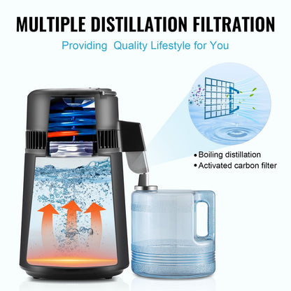 US Local Water Distiller, 4L 1.05 Gallon Pure Water Purifier Filter For Home Countertop, 750W Distilled Water Maker, Stainless Steel Interior Distiller Water Making Machine To Make Clean Water, Black