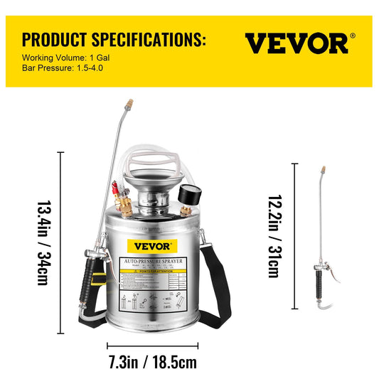 US Local VEVOR 1Gal Stainless Steel, Set With 12Wand  Handle  3FT Reinforced Hose, Hand Pump Sprayer With Pressure Gauge&Safety Valve, Adjustable Nozzle Suitable For Gardening And Sanitizing, Silver