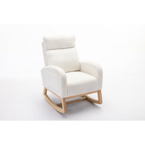 UK Local Mid Century Modern Teddy Fabric Upholstered Rocking Chair Padded Seat For Living Room Bedroom, Beige