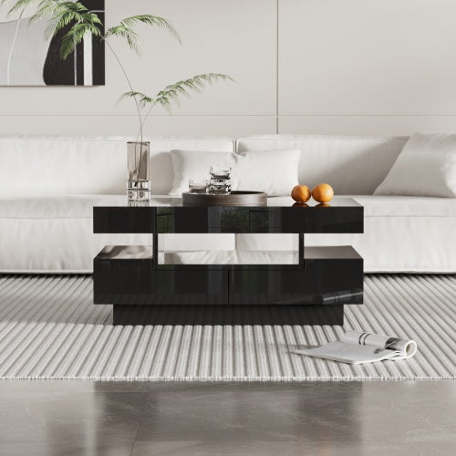 UK Local Coffee Table, High-Gloss Surface, With LED Light Strip, Four Drawers Front And Back, Large Storage Space