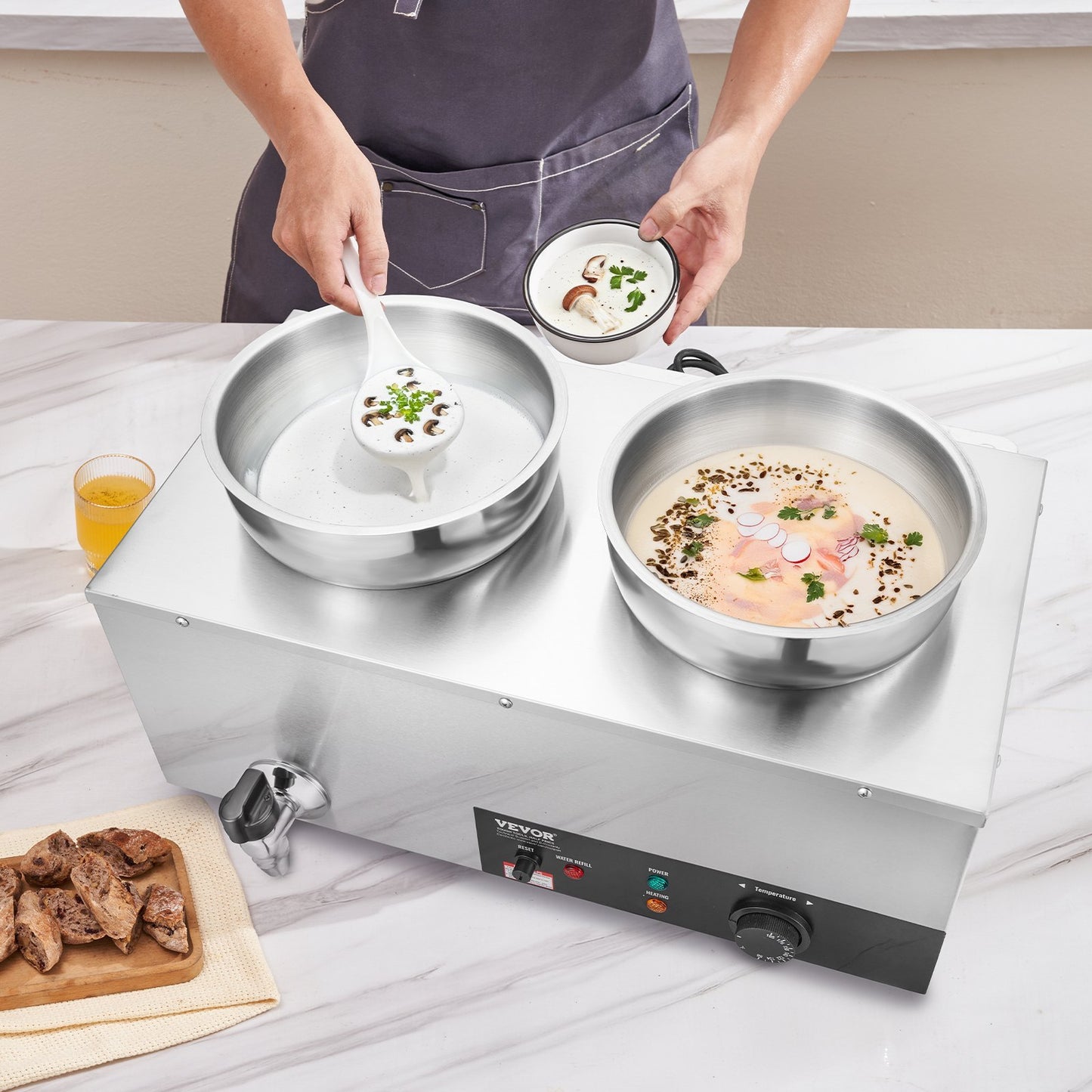 VEVOR Electric Soup Warmer, Dual 7.4QT Stainless Steel Round Pot Adjustable Temp, 1200W Commercial Bain Marie With Anti-dry Burn And Reset Button, Soup Station For Restaurant, Buffet, Silver