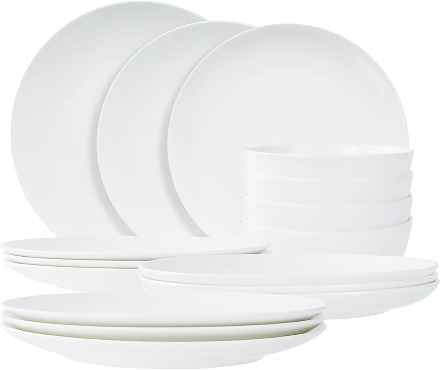 US Local Jasmine Bone China Dinnerware Set, 16 Pieces, Service For 4, White Plates, Dishes, Bowls Set, Microwave And Dishwasher Safe