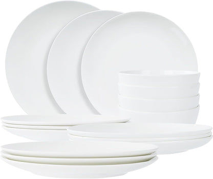 US Local Jasmine Bone China Dinnerware Set, 16 Pieces, Service For 4, White Plates, Dishes, Bowls Set, Microwave And Dishwasher Safe