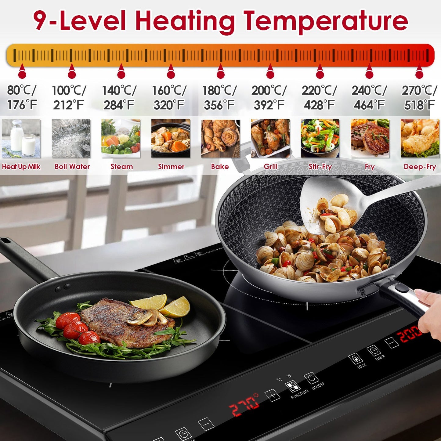US Local 1Pc 4000W Induction Cooktop Portable Double Induction Cooker Electric Dual Burner Stove Countertop Hot Plate With 9 Power 9 Temperature 3H Timer