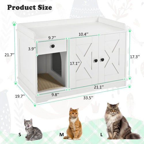 US Local GO Cat Litter Box Enclosure, Litter Box Furniture Hidden With Cat Litter Mat, Indoor Cat House With Storage Drawer Side Table, Farmhouse Style Cat Box Cabinet For Living Room, White