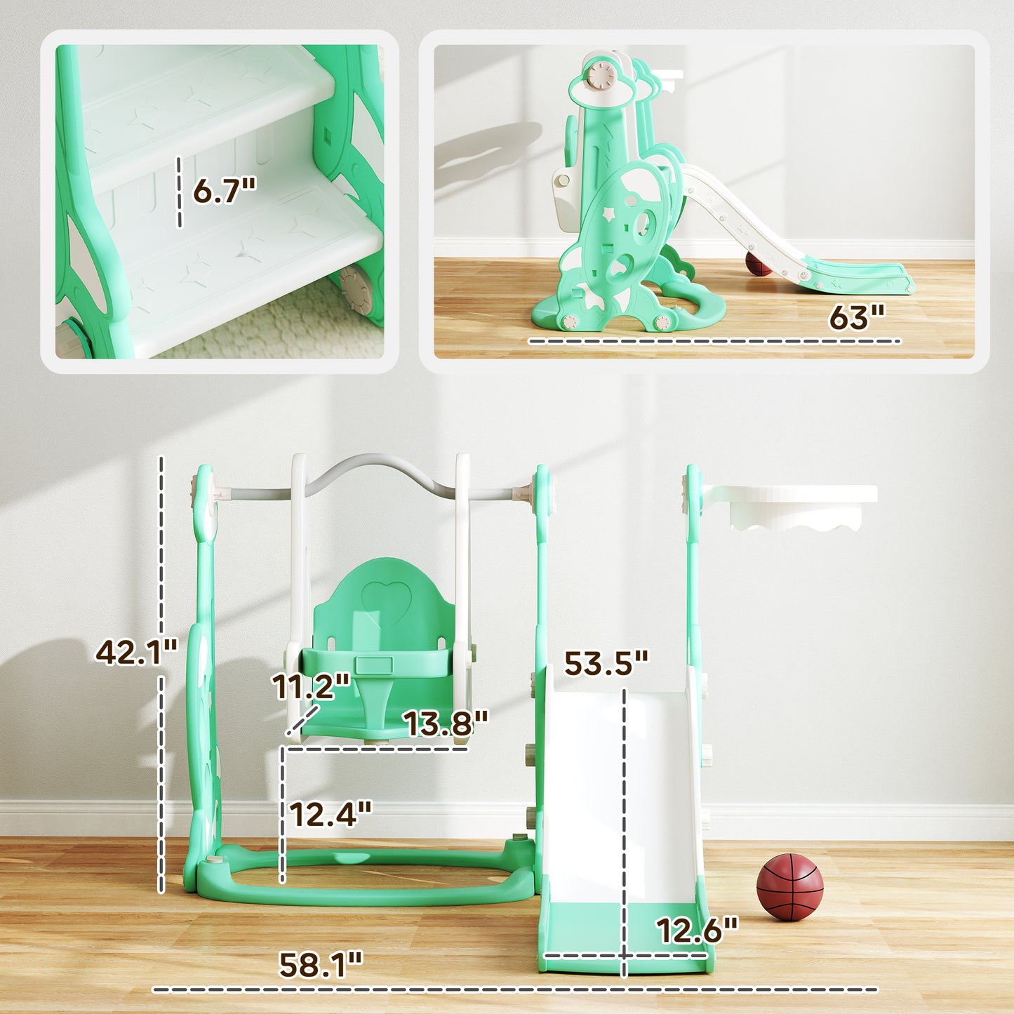 US Local 4 In 1 Toddler Slide And Swing Set For Ages 1.5-4, Toddler Playset Playground With Climber, Basketball Hoop, Green