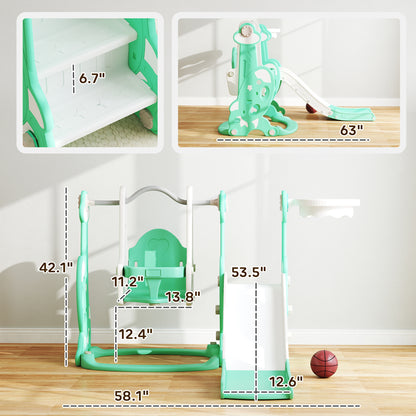 US Local 4 In 1 Toddler Slide And Swing Set For Ages 1.5-4, Toddler Playset Playground With Climber, Basketball Hoop, Green