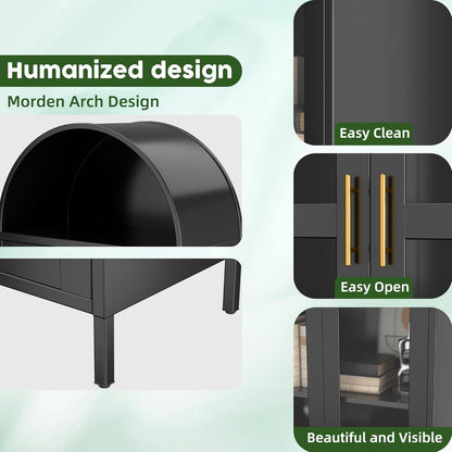 US Local 73 In Tall Metal Arched Cabinet, Kitchen Pantry Cabinet With Glass Doors, Modern Farmhouse Arched Bookcase With 2 Drawers And 2 Adjustable Shelves For Living Room, Black, Assembly Required