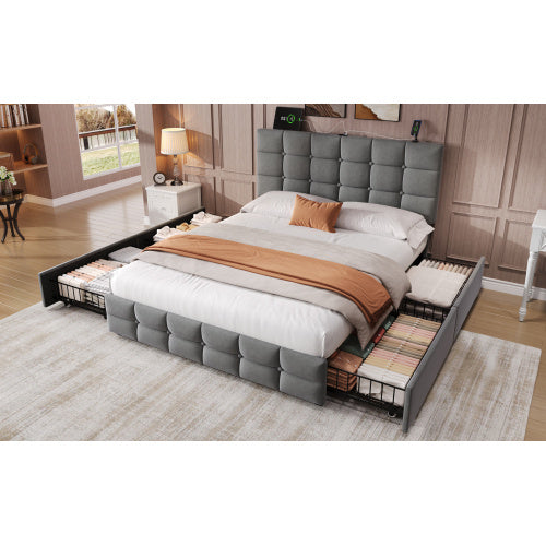 UK Local 4ft6 Double Upholstered Bed With 4 Storage Drawers, Velvet Bed Frame With Charging Station. Adjustable Button Tufted Headboard With USB And Type - C Ports, No Box Spring Needed, Grey No Mattress