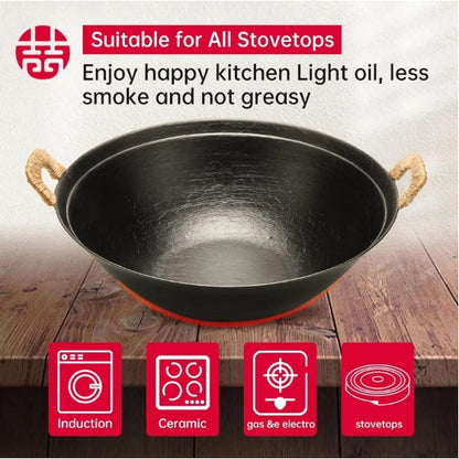 US Local WANGYUANJI 14.2 Handmade Wok, Cast Iron Wok Pan, Large Flat Bottom Wok Stir With Dual Handle And Wooden Lid, Suitable For All Cooktops, Uncoated Chinese Traditional Wok