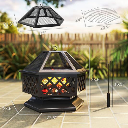 US Local 28 Outdoor Fire Pit With Grill Hexagon Fireplace Wood Burning Firepit With Cooking Grate, Fire Poker,  Screen Lid
