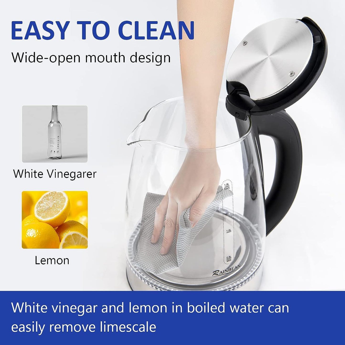 USA Local Electric Kettle Water Boiler, 1.8L Electric Tea Kettle, Wide Opening Hot Water Boiler With LED Light, Auto Shut-Off & Boil Dry Protection, Glass Black