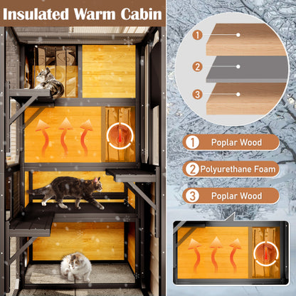 US Local GO Large Cat Catio 4 Tiers Cat Enclosure For Outdoor, Cat House Weatherproof Attached To Window For Multiple Cats With Platforms And Resting Rooms, Brown