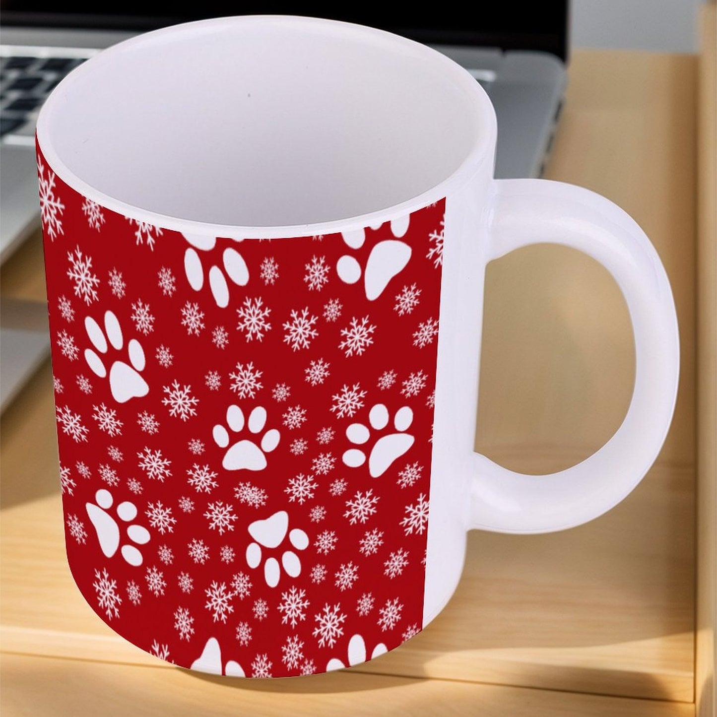 POD US Local White mug with full print, Christmas Snowflakes Cats Dogs Paws Red 0067