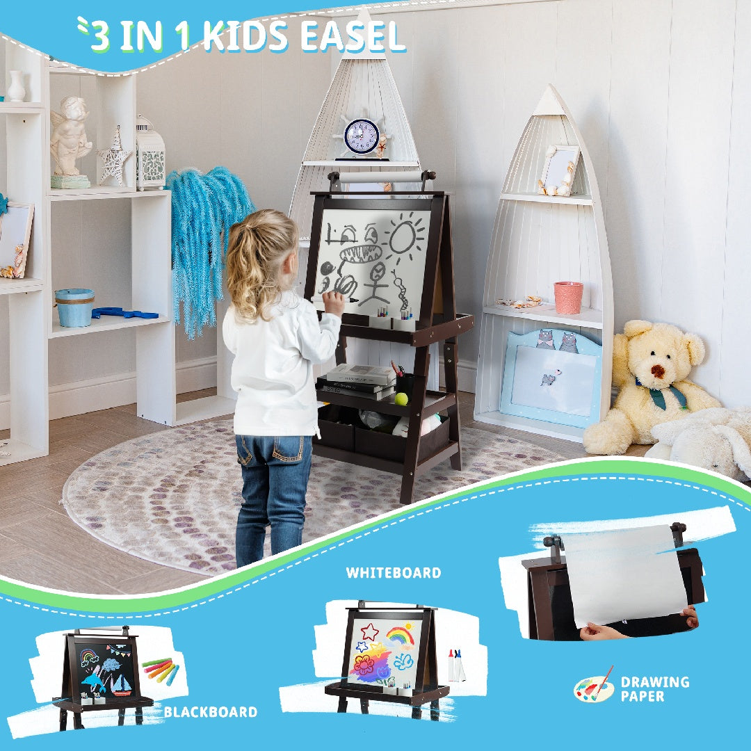 US Local Only Supports Self Pickup Children's Art Easel, Wooden Children's Easel 3 In 1 Adjustable Double Sided, Whiteboard, Chalkboard And Rolled Paper