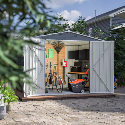 US Local 8x6 FT Outdoor Waterproof Garden Tool Storage Sheds With Metal Foundation With Floor Frame, Tool Shed With Lockable Hinged Doors & Air Vents, Storage House Waterproof For Backyard, Lawn, Gray