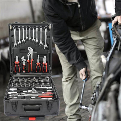 US Local Black Manual Toolbox With 4 Layers Of Tool Sets And Wheels