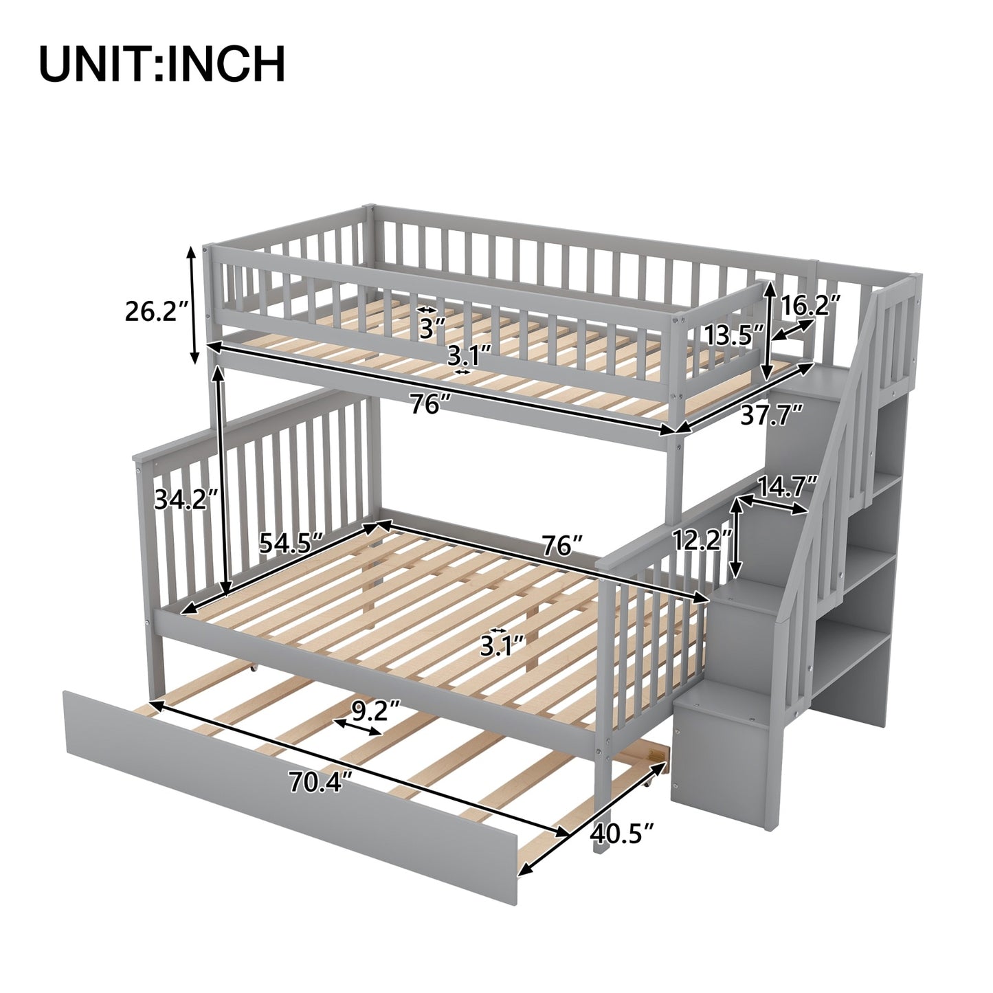 US Local Twin Over Full Bunk Bed With Trundle And Staircase,Gray