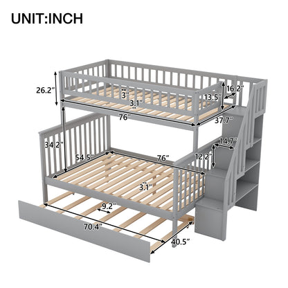 US Local Twin Over Full Bunk Bed With Trundle And Staircase,Gray