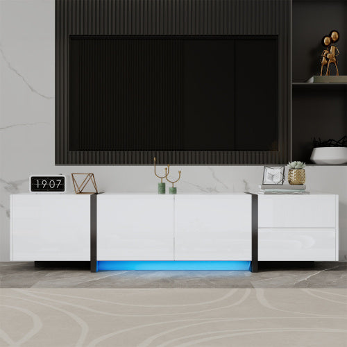 UK Local TV Cabinet, White High-gloss Cabinet And Black Contrasting Table Legs, With Simple Cabinet Doors And Drawers.