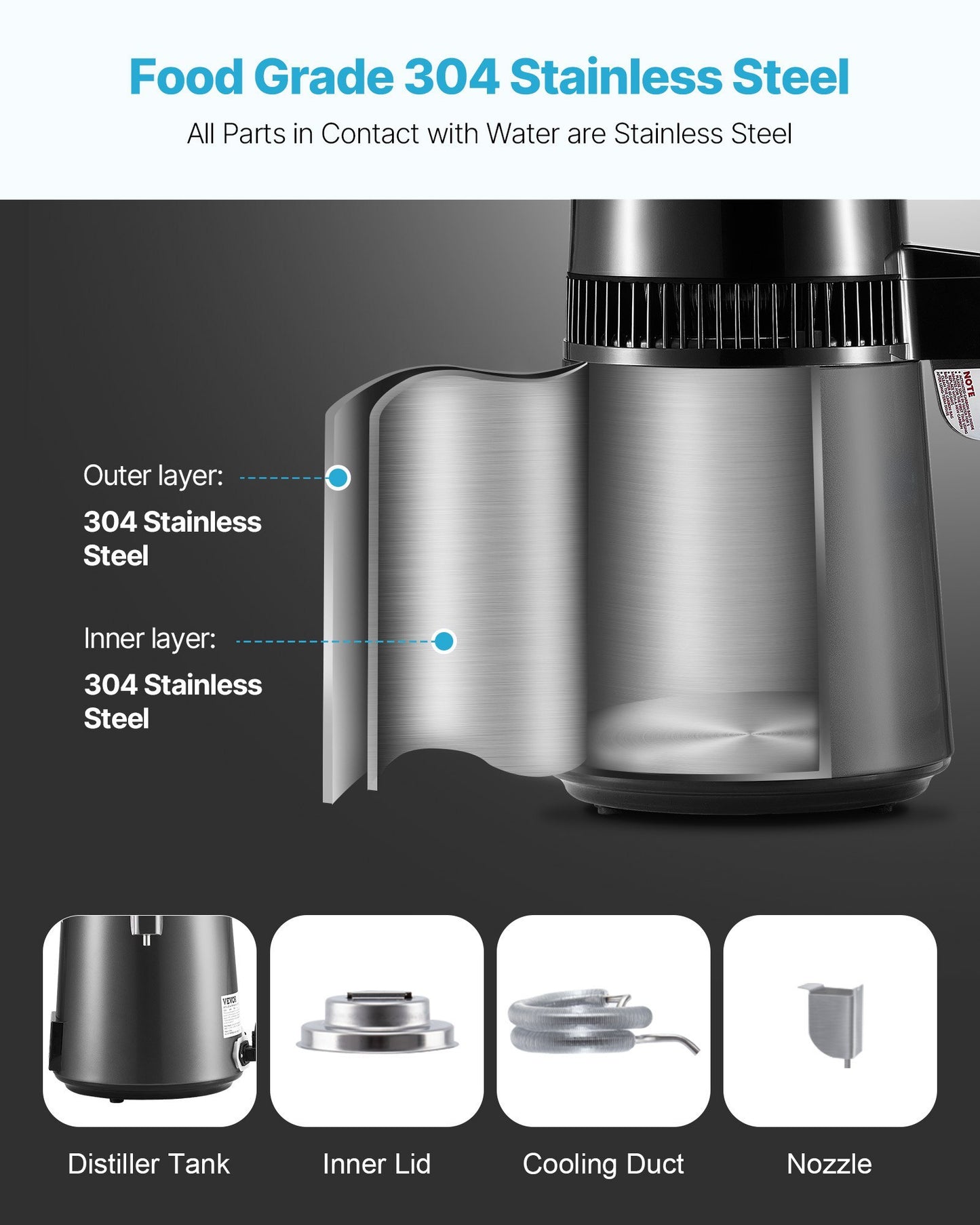 US Local 4L Water Distiller Home Countertop Purifier Machine 1750W Stainless Steel Glass