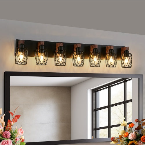 US Local Industrial Vintage 7-Light Wall Sconce - Black Cage Wall Lighting Fixture With Wooden Accents For Bathroom, Hallway, Or Living Room Bulb Not Included