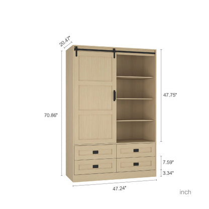 US Local Tall Bedroom Armoire Wardrobe Closet Clothing Storage Cabinet With Hanging Rod Barn Door Drawers Open Shelves